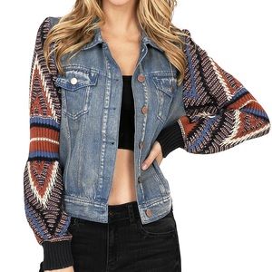 Denim jacket with sweater sleeves